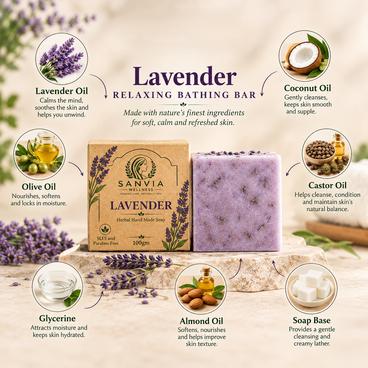 Lavender Handmade Soap Bar – Relaxing & Nourishing Bathing Bar 100g