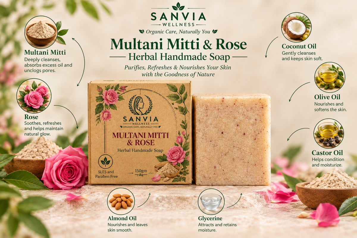Multani Mitti & Rose Herbal Handmade Soap Bar – Deep Cleanse & Soothe 150g