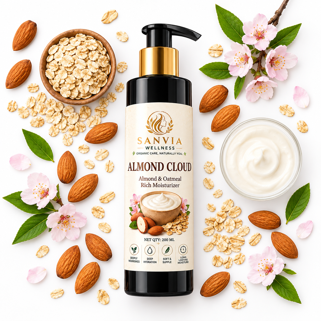 Almond Cloud Moisturiser Flat Lay White Background
