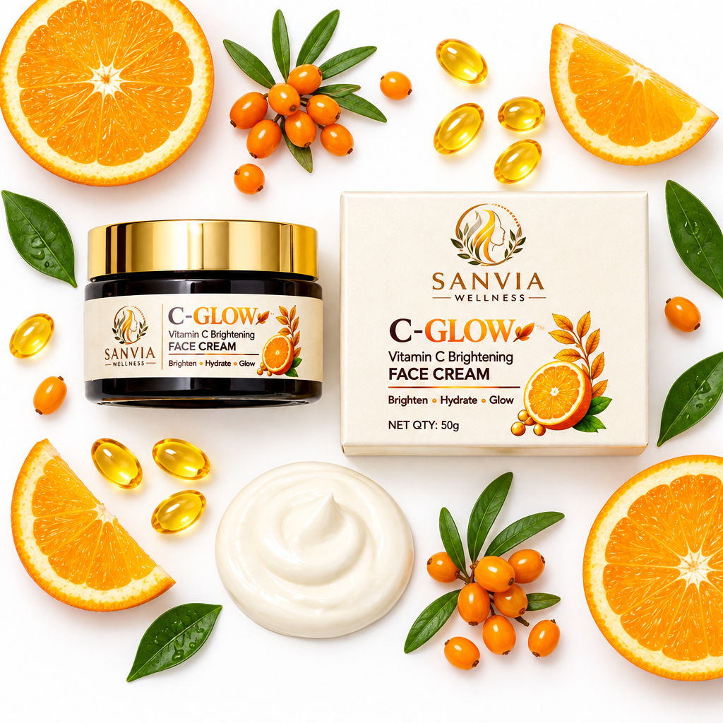 C-Glow Vitamin C Brightening Face Cream Flat Lay White Background