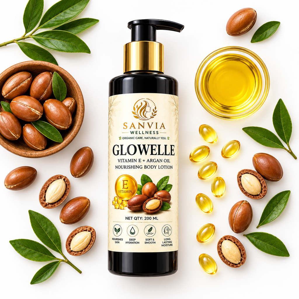 Glowelle Vitamin E Argan Oil Body Lotion Flat Lay White Background