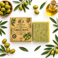 Green Olive Herbal Soap Flat Lay White Background