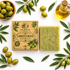Green Olive Herbal Soap Flat Lay White Background