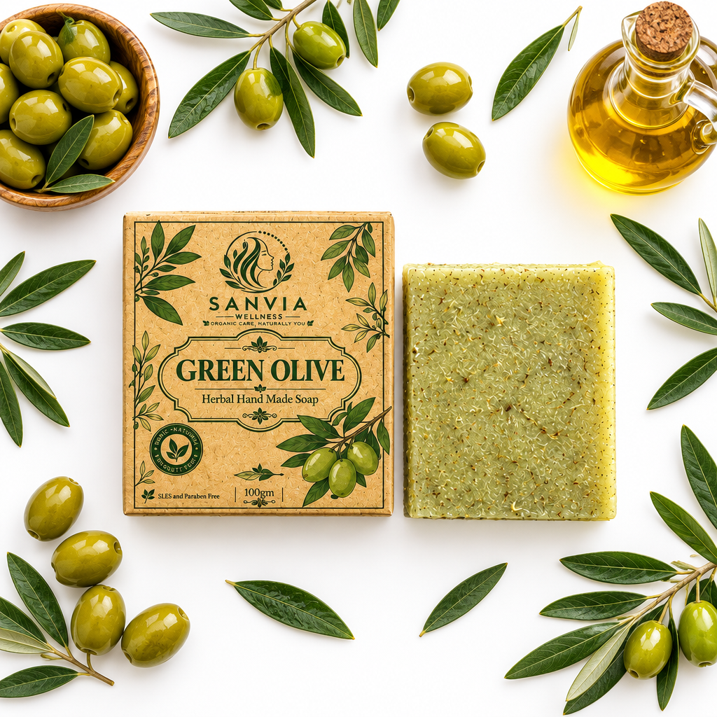 Green Olive Herbal Soap Flat Lay White Background