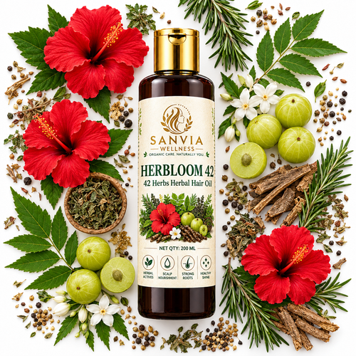 Herbloom 42 Herbal Hair Oil Flat Lay White Background