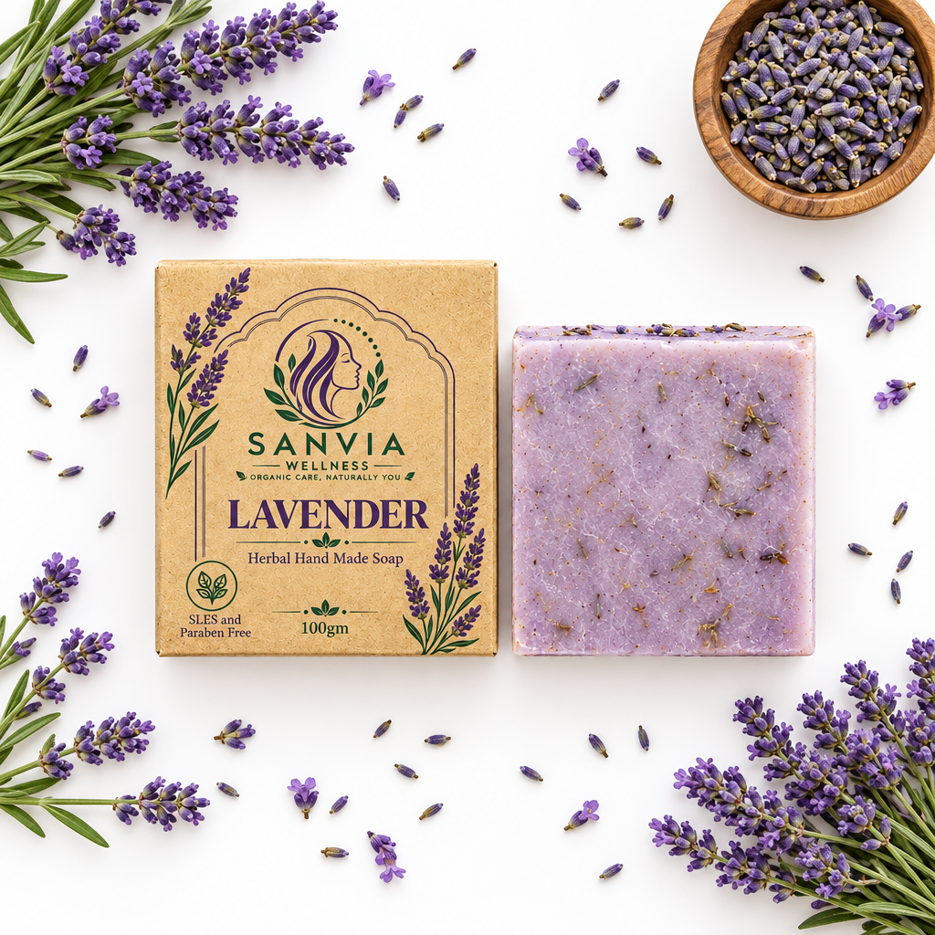 Lavender Herbal Handmade Soap Flat Lay White Background