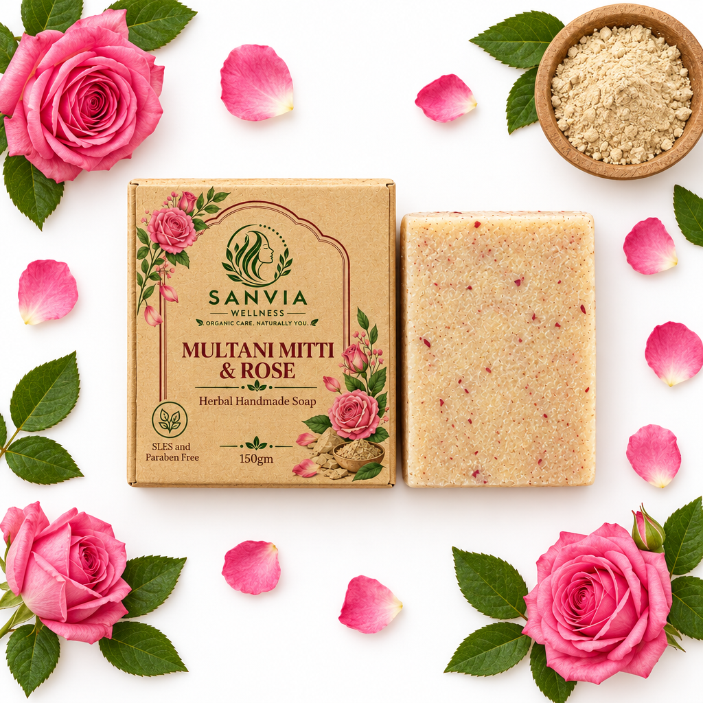 Multani Mitti Rose Herbal Soap Flat Lay White Background