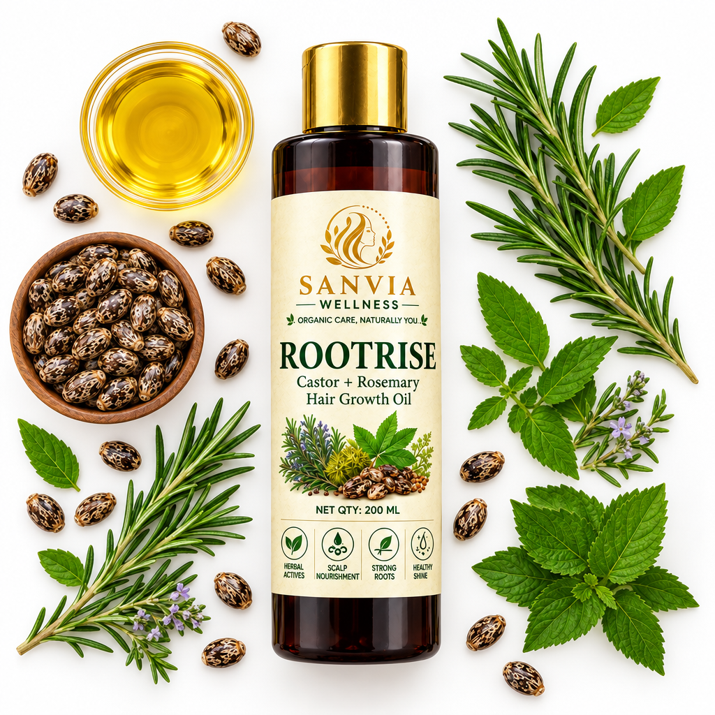 Rootrise Castor Rosemary Hair Growth Oil Flat Lay White Background