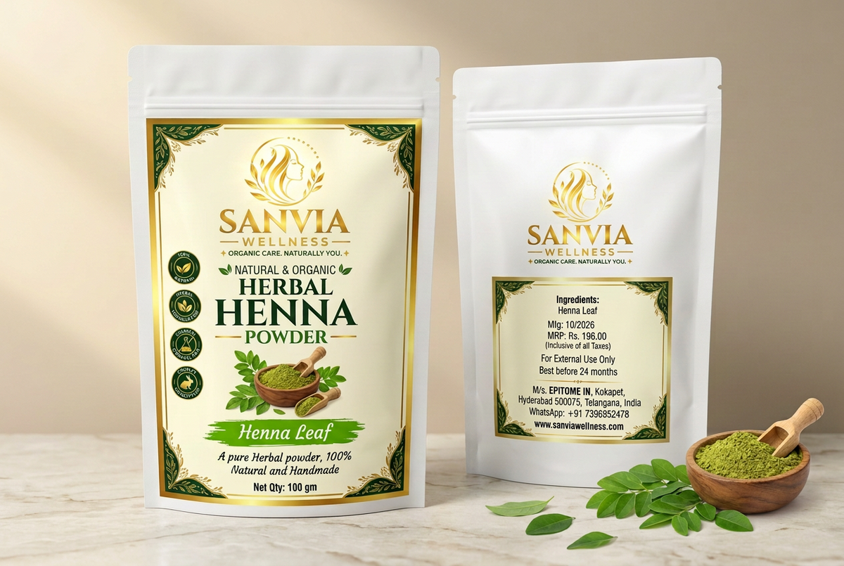 Sanvia Wellness Herbal Henna Powder white pouch front and back