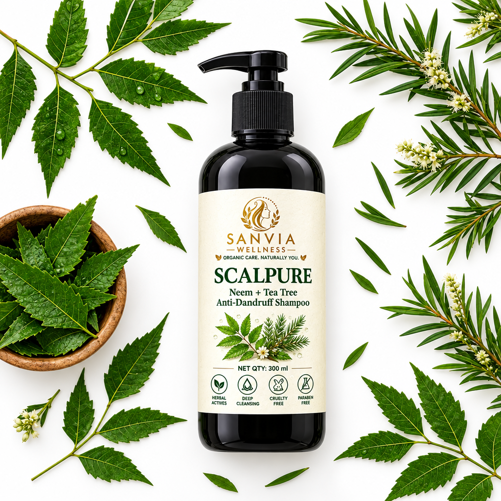 ScalPure Neem Tea Tree Anti-Dandruff Shampoo Flat Lay White Background