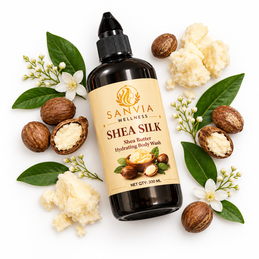 Shea Silk Body Wash Flat Lay White Background