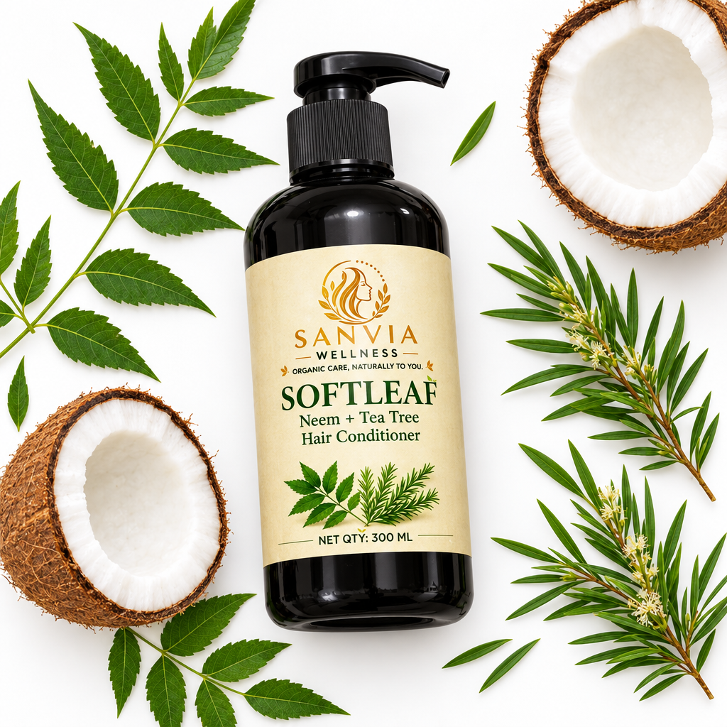 Softleaf Neem Tea Tree Conditioner Flat Lay White Background